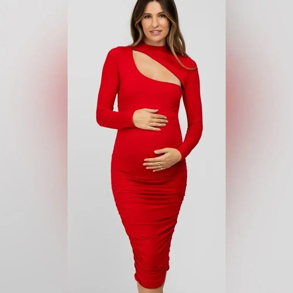 Maternity Red Fitted Ruched Cutout Neclkine - Picture 1 of 8
